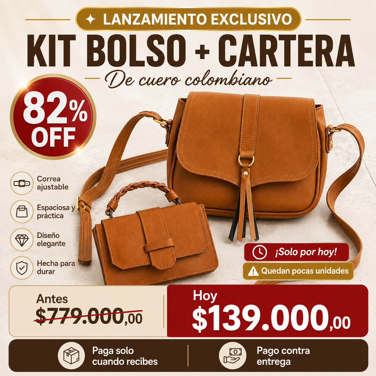 Bolso + Cartera de Cuero - Kit Lanzamiento Exclusivo 2026 - (Con 82% de Descuento HOY!)